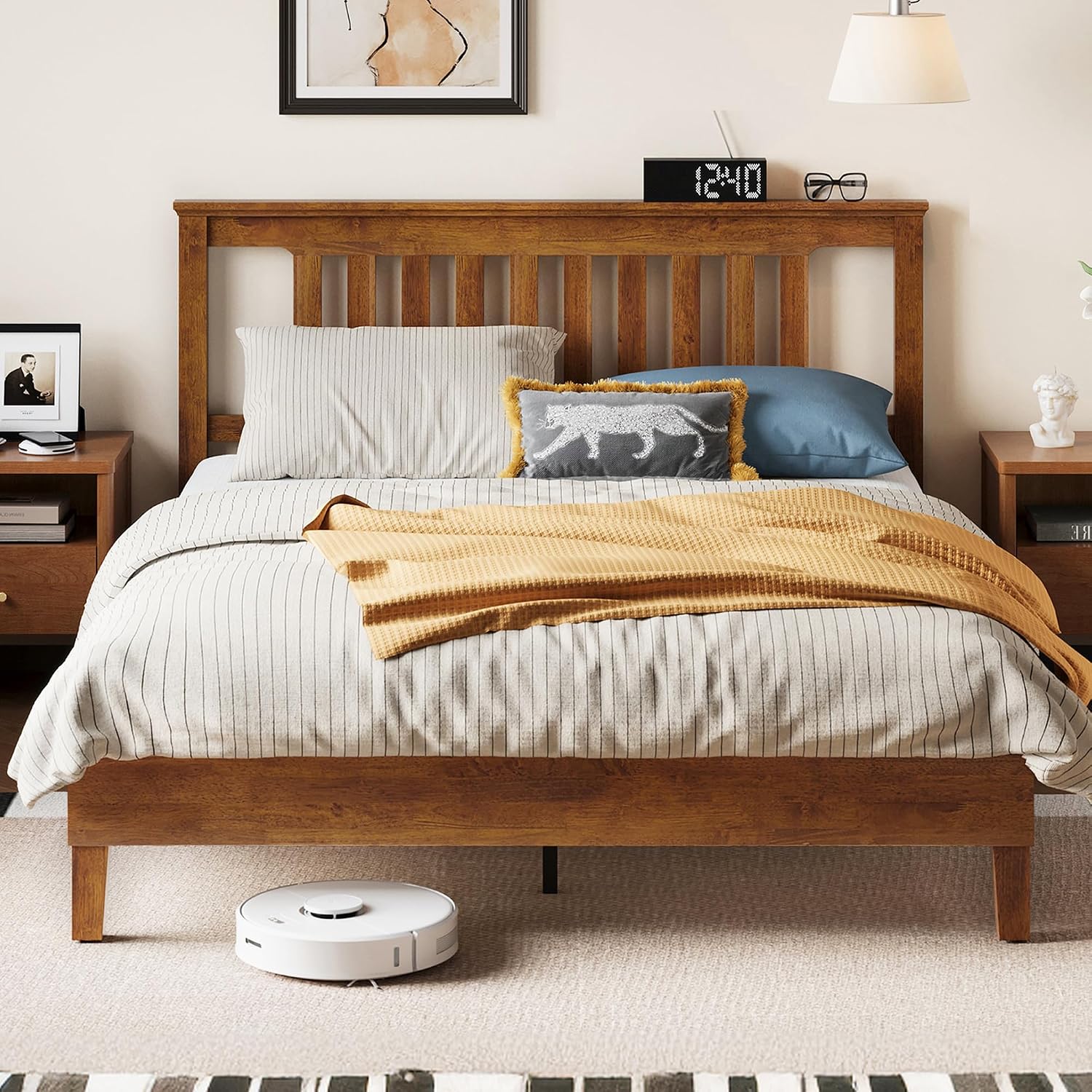 LINSY Wood Bed Frame, Full Bed Frame Solid Wood Platform Frames with Headboard and Slat Bases, Wooden Bedframe No Box Spring Needed, Easy Assembly, Walnut