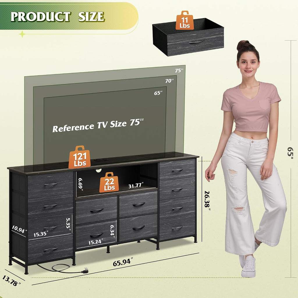 WLIVE 12 Drawer Dresser for Bedroom, Black Dresser TV Stand for 65, 70, 75 inch TV with Led Light & Charging Station, Wide Chest of Drawers with Open Shelves, Fabric Dressers for Closet, Living Room
