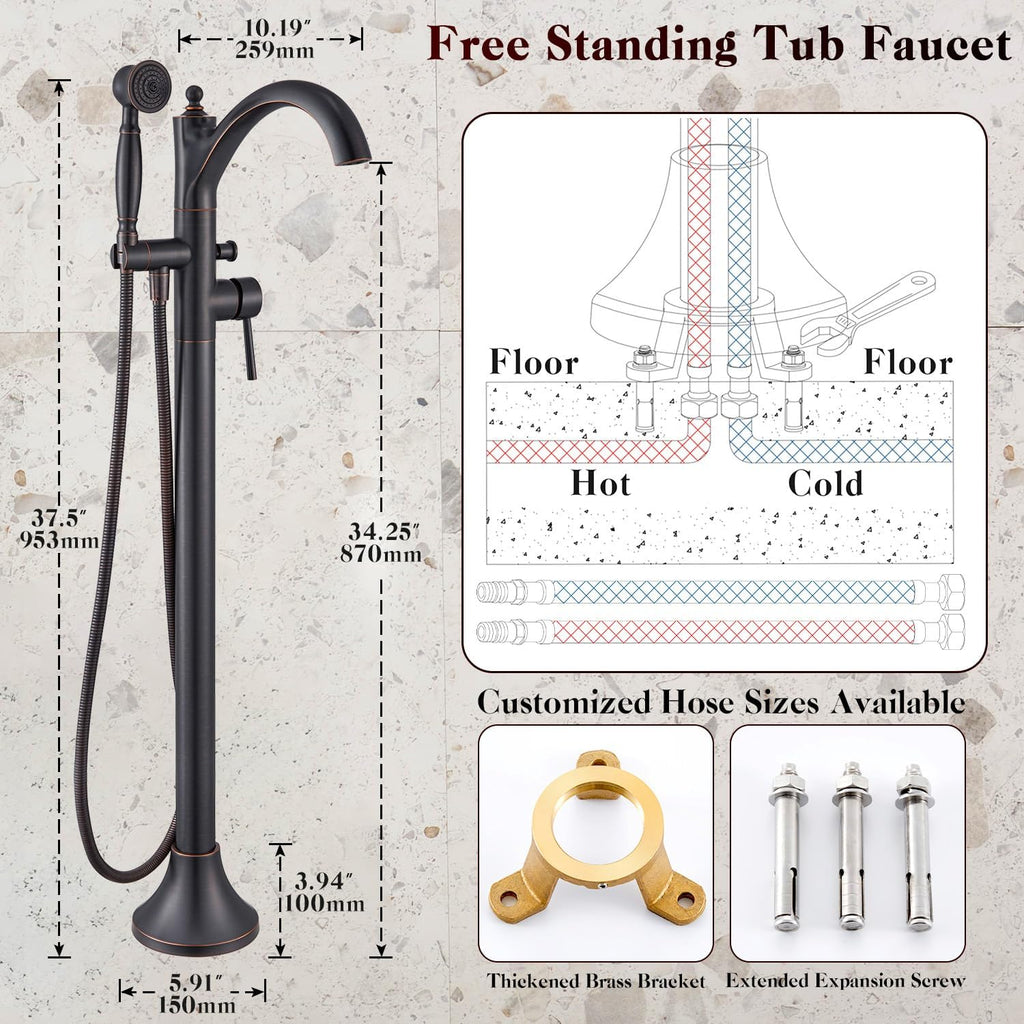Freestanding Bathtub Faucet, Classic Free Standing Tub Faucet with Retro Handheld Sprayer High Flow Max 7.04GPM Floor Mounted Tub Fillers Swivel Spout Tub Faucets Oil Rubbed Bronze (WT-9002ORB)
