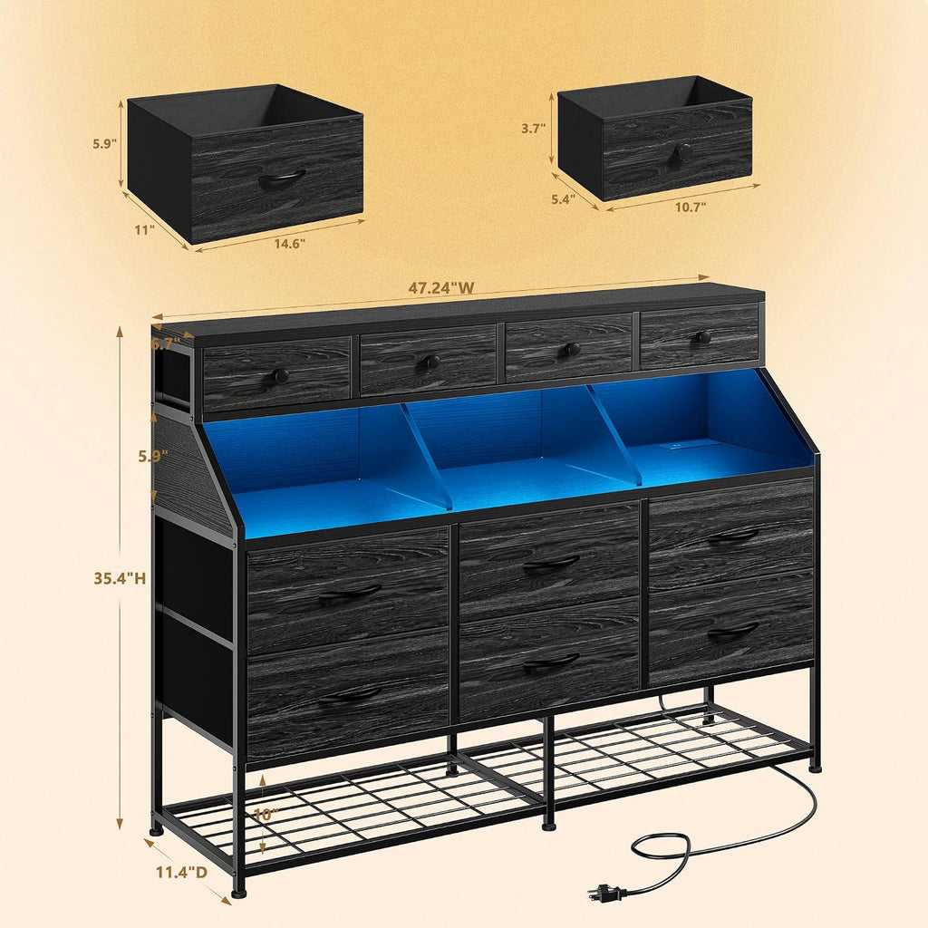 EnHomee Dresser for Bedroom with 10 Drawers & Shoe Rack Fabric Dressers & Chests of Drawers with LED Lights and Power Outlets Bedroom Dresser for Entryway, Hallway(Charcoal Black)