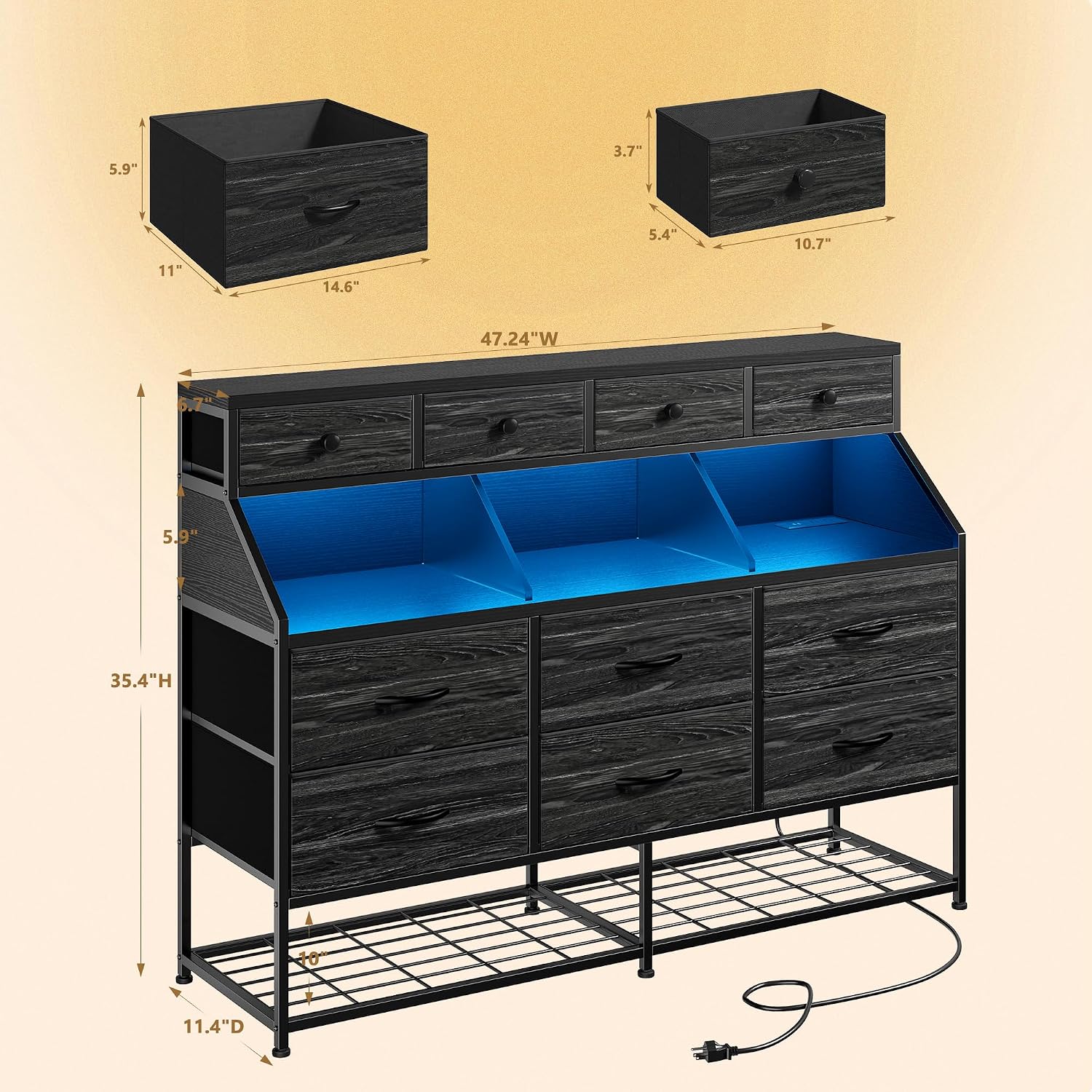 EnHomee Dresser for Bedroom with 10 Drawers & Shoe Rack Fabric Dressers & Chests of Drawers with LED Lights and Power Outlets Bedroom Dresser for Entryway, Hallway(Charcoal Black)