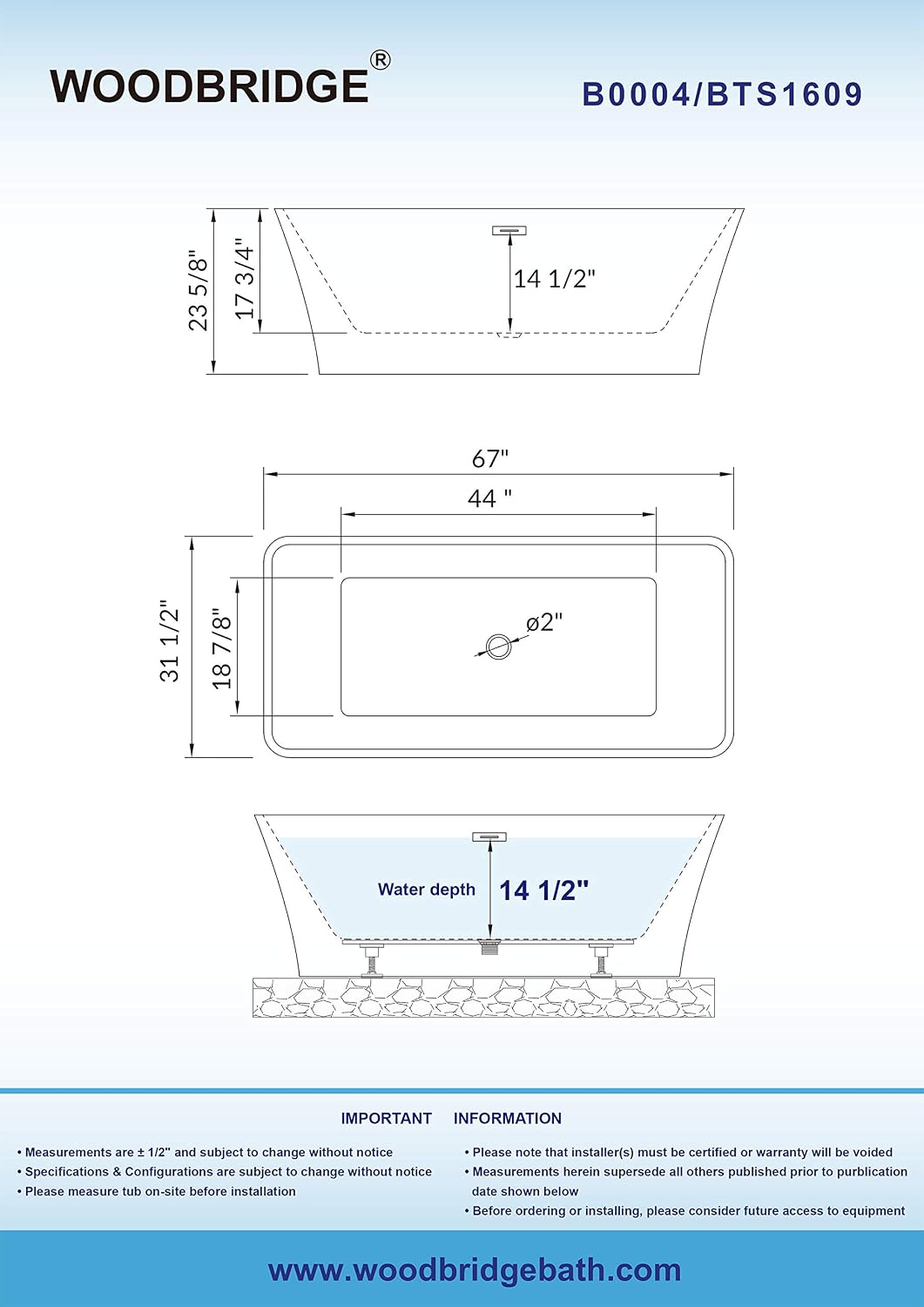 WOODBRIDGE 67' Acrylic Freestanding Bathtub Contemporary Soaking White Tub with Brushed Gold Overflow and Drain，BTA1609-BG-Drain &O