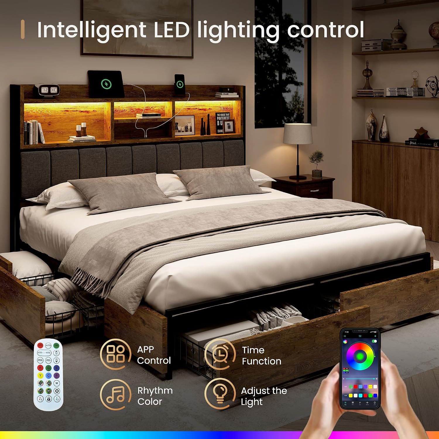 BRELTAM Queen Bed Frame with 6 Storage Drawers, Linen Upholstered Headboard, Built-in USB Charging Station & LED Lighting, Silent Metal Support, No Box Spring Needed, Vintage Brown