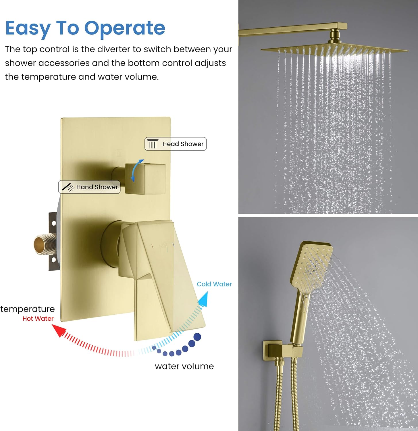 KIBI Cube Bathroom Shower System | 2-Function Wall Mounted Shower Faucet Set with Solid Brass Pressure Balanced Valve | Three Hand Shower Modes | 15-inch Long Shower Arm | Brushed Gold (KSF405)