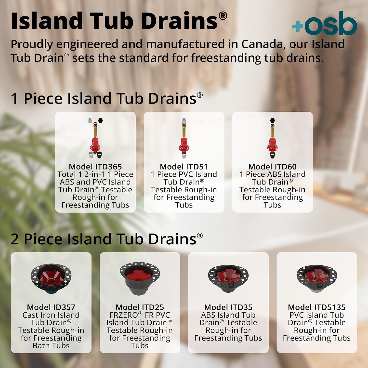 OS&B ITD25 FRZERO Fire Rated PVC Island Tub Drain Kit for Freestanding Tubs, Rough-in for Easy Installation, Compatible for Non-Combustible Buildings, Testable Bathtub Drain for 8'/10' Joist Space