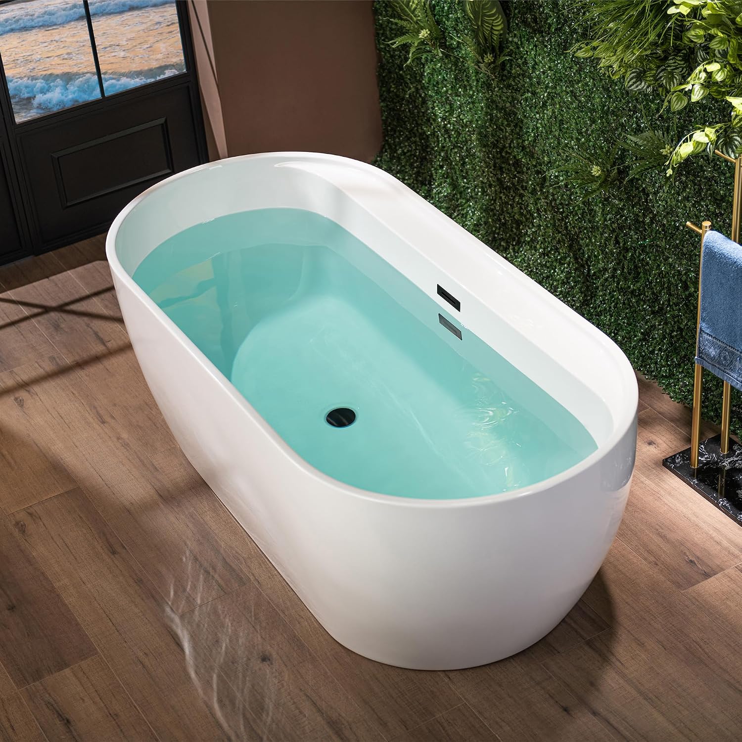 WOODBRIDGE 67' Acrylic Freestanding Bathtub Contemporary Soaking White Tub with Matte Black Overflow and Drain,B0063-MB