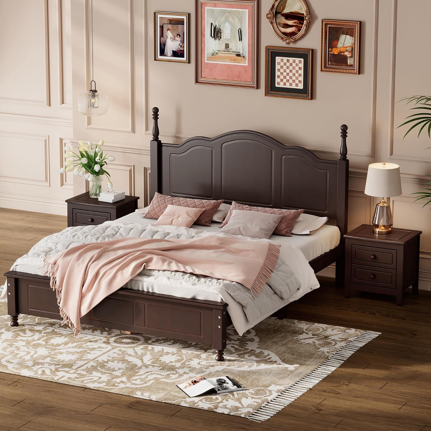 3-Pieces Bedroom Sets,Queen Size Wood Platform Bed and Two Storage Nightstand and Dresser,Dark Walnut