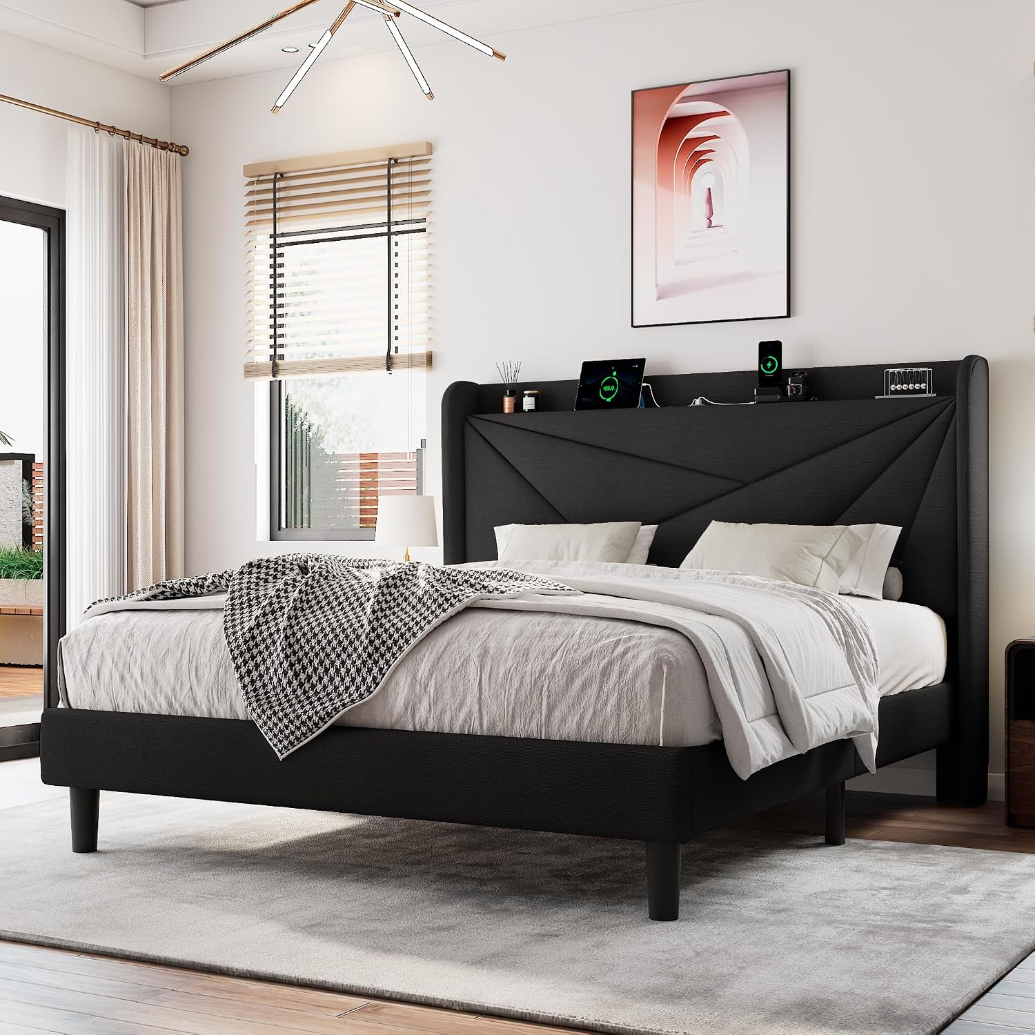 Einhomn Queen Size Upholstered Bed Frame with Charging Station, Platform Bed Frame with Storage Headboard, Solid Wood Slats Support, No Box Spring Needed, Black