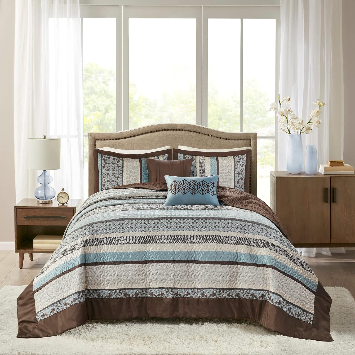 Madison Park Princeton Reversible Quilted Bedspread Set, Solid Reverse Summer Breathable, Lightweight All Season Bedding Layer, Matching Shams, Bedspread King(120'x118'), Blue 5 Piece