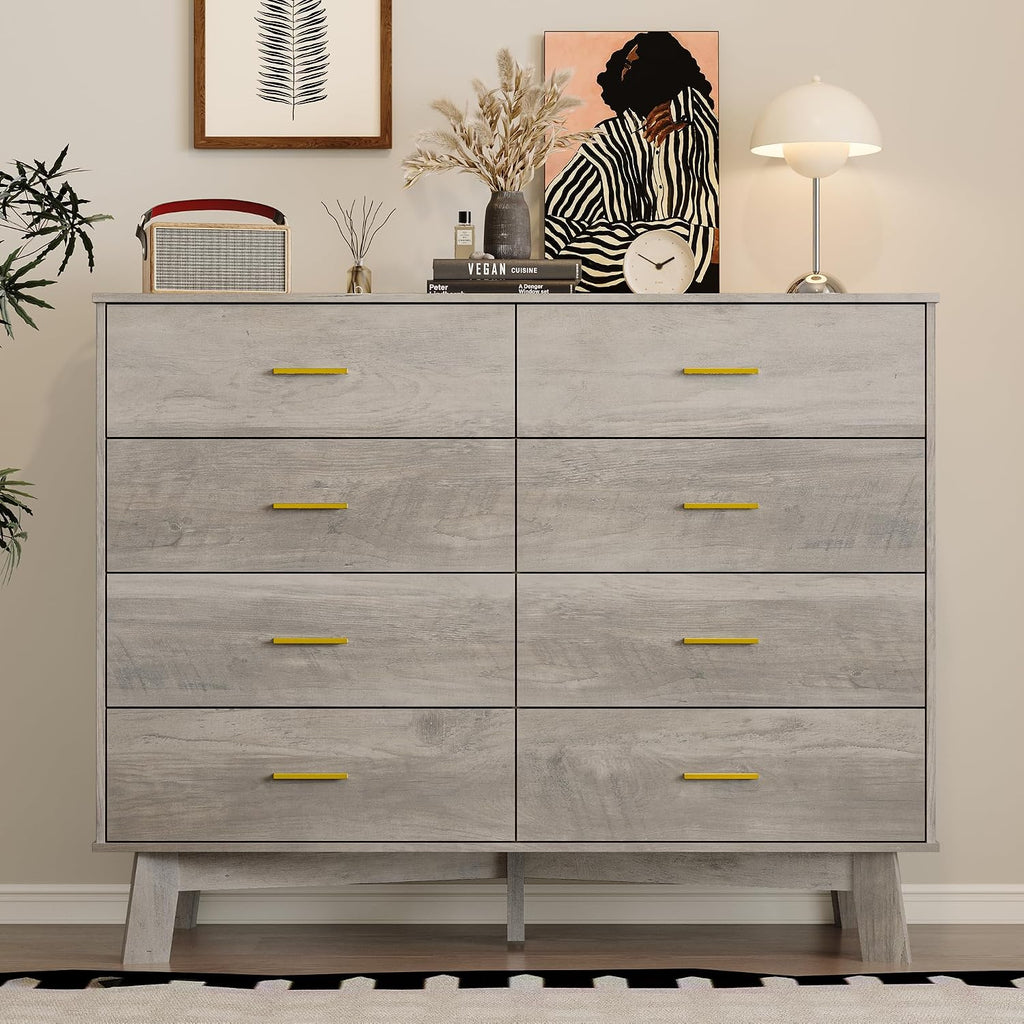 BORNOON Dresser for Bedroom with 8-Drawer, 37' Tall Modern Chest of Drawers with Metal Handles, X-Shape Base & Adjustable Center Leg, Anti-Tip Closet Organizers and Storage