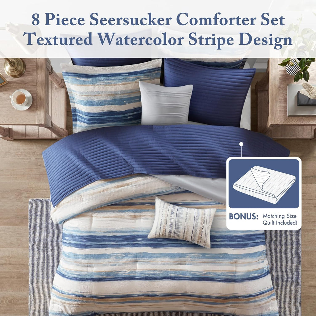 Madison Park Marina Comforter Quilt Combo Set - Modern Luxury Design, All Season Down Alternative Bedding, Matching Shams, Decorative Pillows, King/Cal King(104'x92') Seersucker Blue 8 Piece