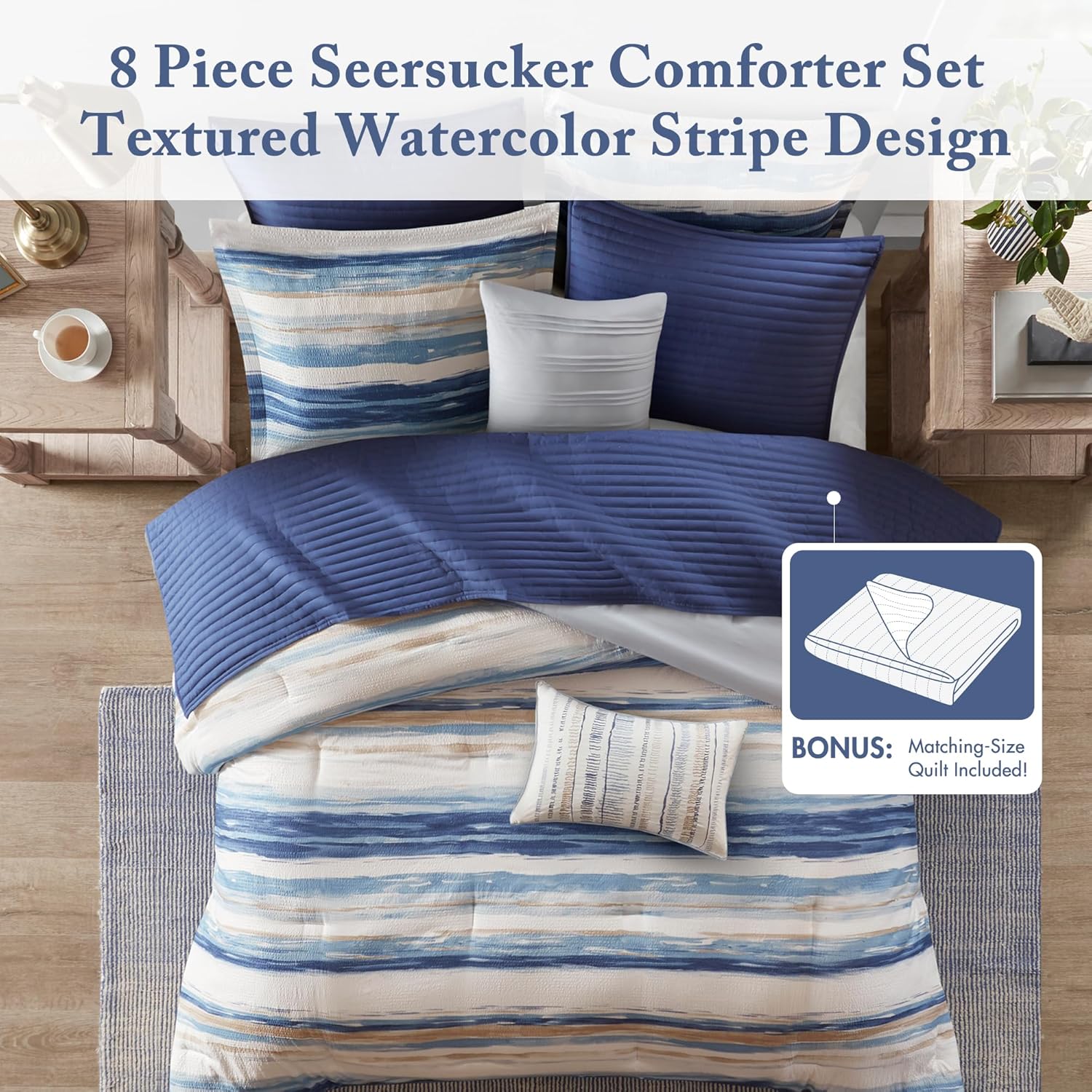 Madison Park Marina Comforter Quilt Combo Set - Modern Luxury Design, All Season Down Alternative Bedding, Matching Shams, Decorative Pillows, King/Cal King(104'x92') Seersucker Blue 8 Piece