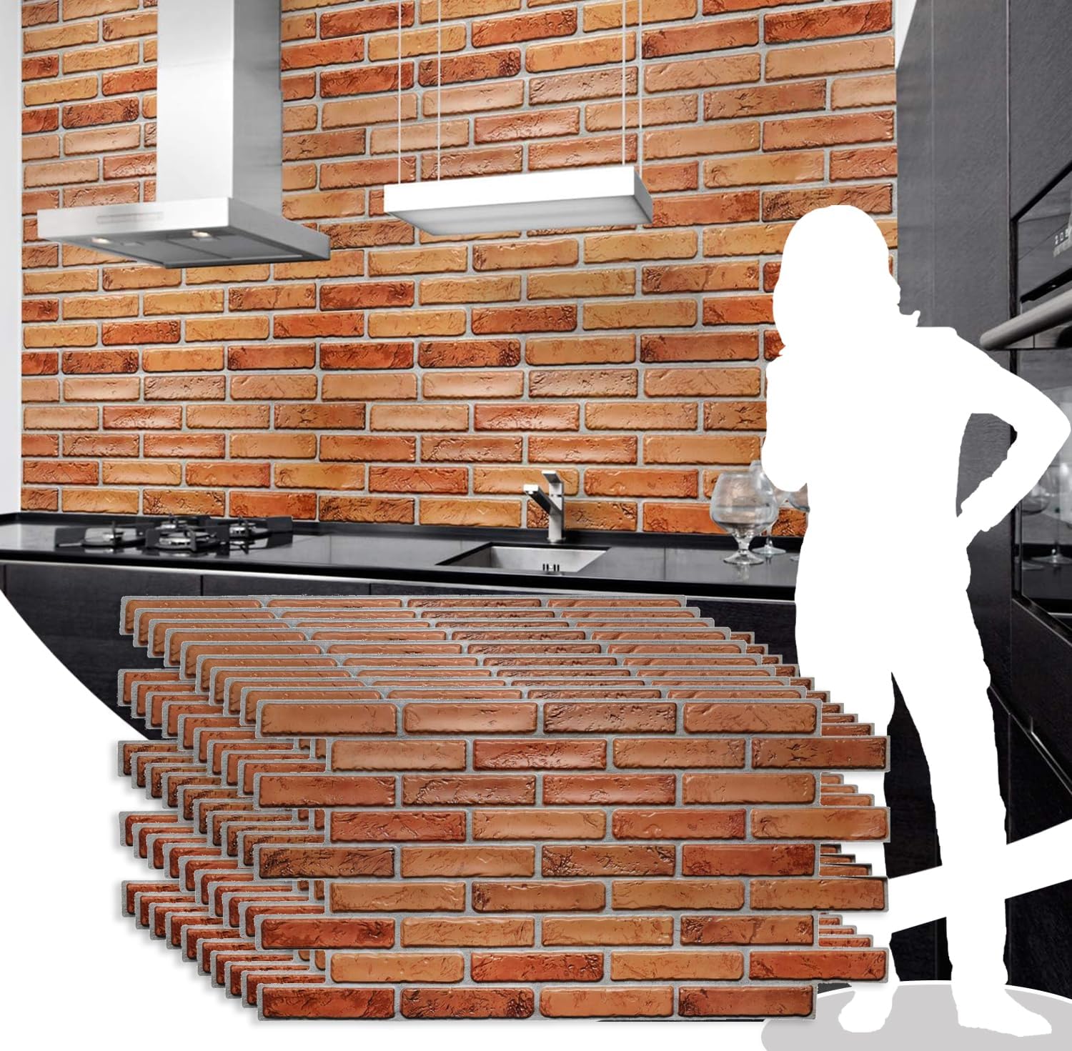Dundee Deco PG7060-10 Dark Red Natural Faux Bricks PVC 3D Wall Panel, 3.2 ft X 1.7 ft (97 cm X 50cm), Interior Design Wall Paneling Decor, 5.44 sq. ft. (0.48sq. m) Each, Pack of 10