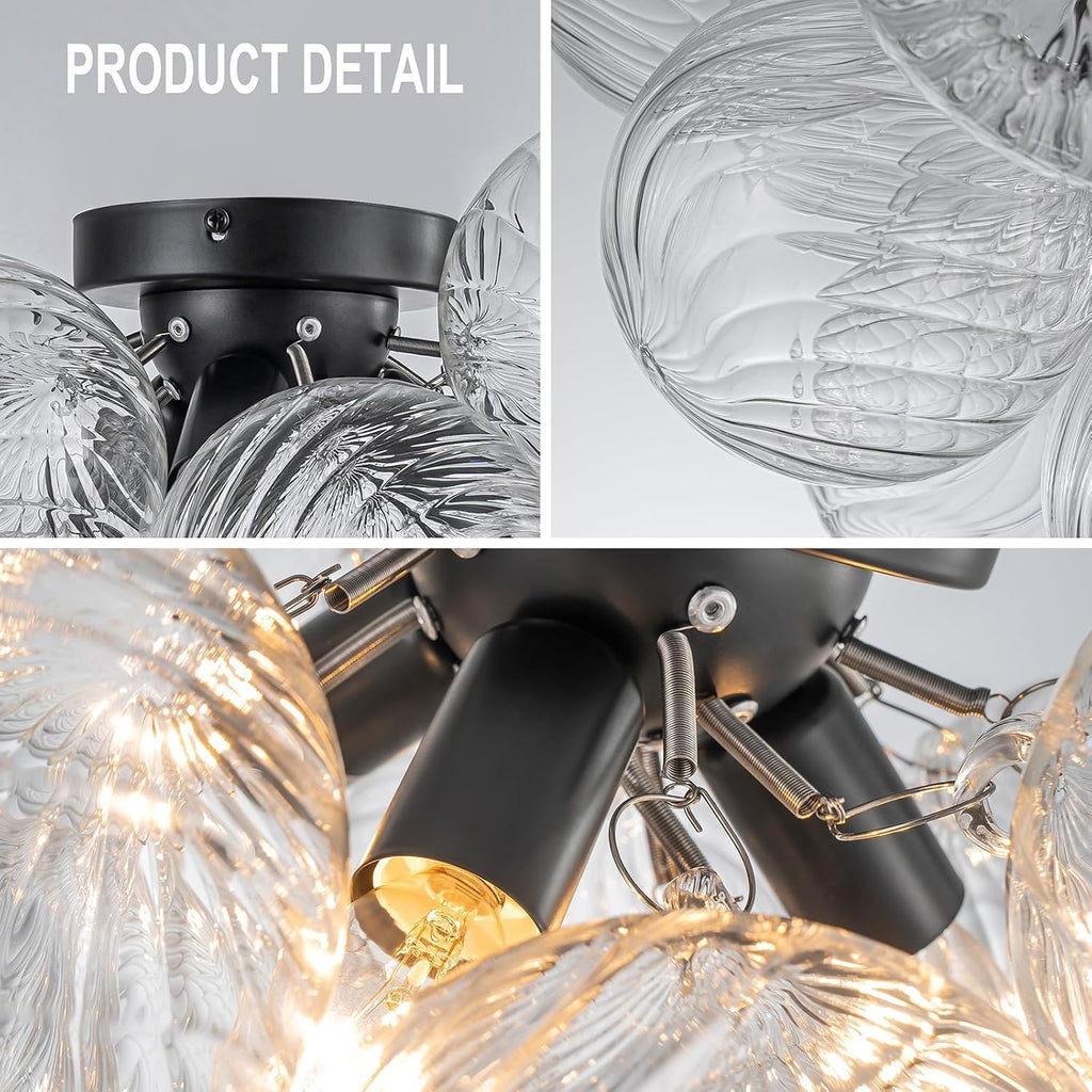 Semi Flush Mount Ceiling Light,Black Chandeliers for Living Room Modern Clear Swirled Glass Chandelier Dining Room Light Fixtures over Table 18.5' with 13 Globe for Foyer Bedroom Kitchen Island