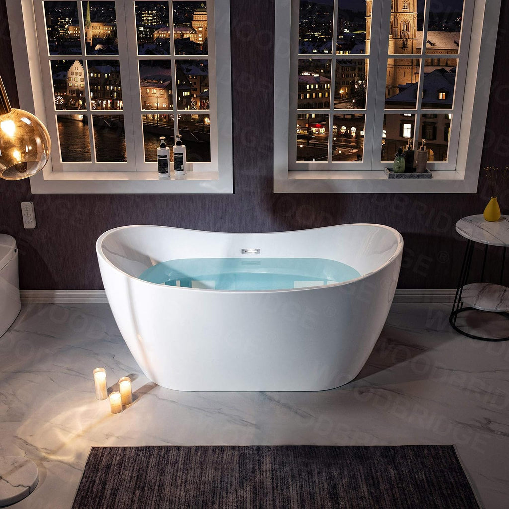 WOODBRIDGE 59'Freestanding White Acylic Soaking Bathtub with Chrome Drain and Overflow,B0011-CH