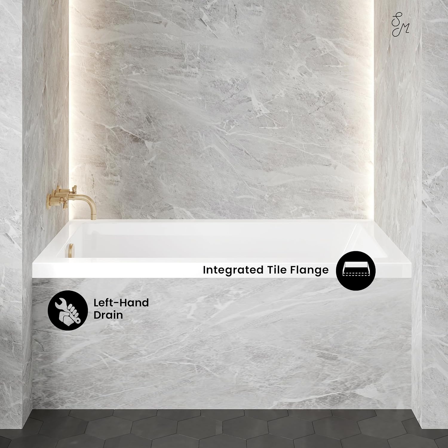 Swiss Madison Voltaire 54' x 30' Acrylic Glossy White, Alcove, Integral Left-Hand Drain, Bathtub