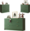 MAISONARIA 3-Piece Dresser Bedroom Set, 6 Drawer Dresser & 3 Drawer Nightstands with Gold Handles, Fluted Wood Chest of Drawers for Bedroom, Living Room, Entryway, Green