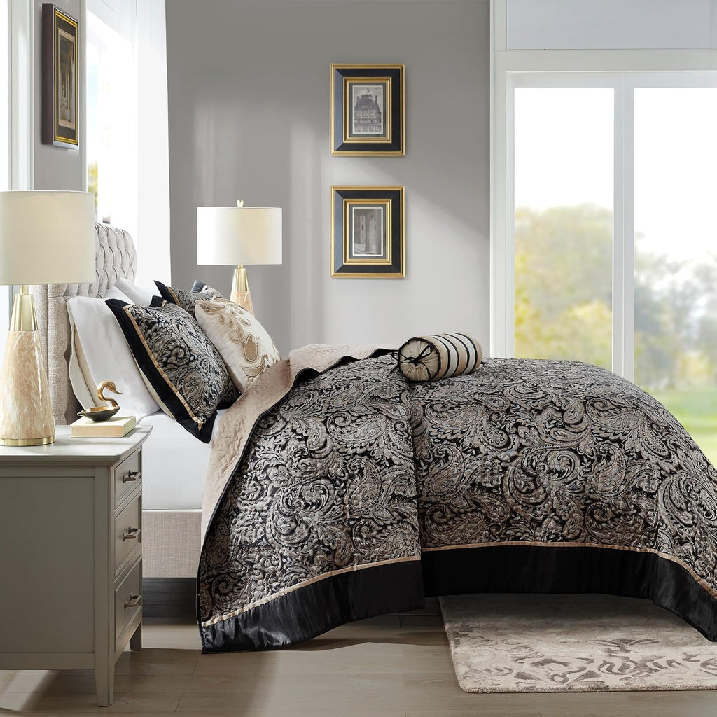 Madison Park Aubrey Reversible Quilted Bedspread Set, Solid Reverse Summer Breathable, Lightweight All Season Bedding Layer, Matching Shams, Bedspread Queen(102'x118'), Black 5 Piece