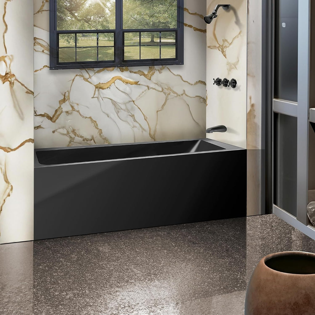 Fine Fixtures Acrylic, Fiberglass Alcove Soaking Bathtub with Integral Apron Front in Glossy Black - Right Hand Drain, 48' x 32'