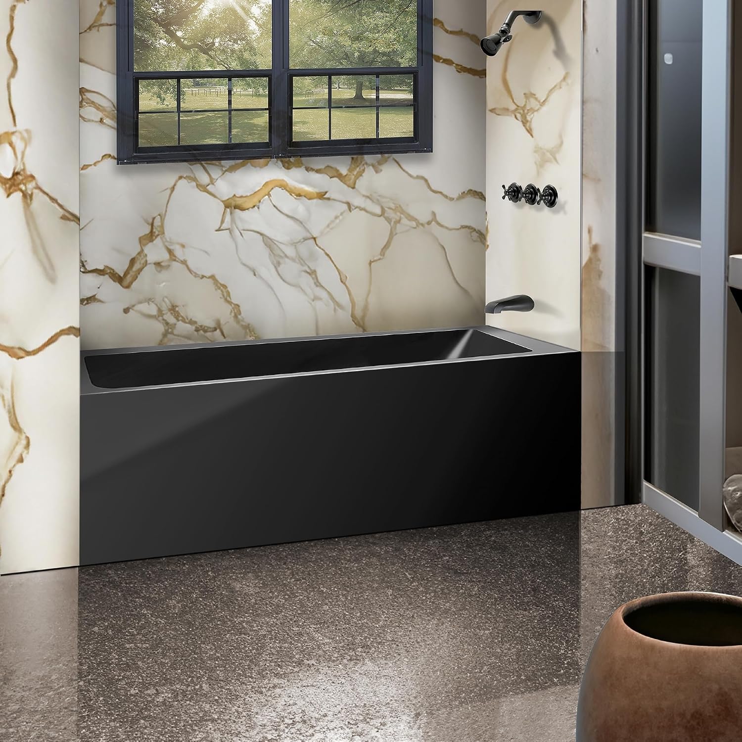 Fine Fixtures Acrylic, Fiberglass Alcove Soaking Bathtub with Integral Apron Front in Glossy Black - Right Hand Drain, 48' x 32'