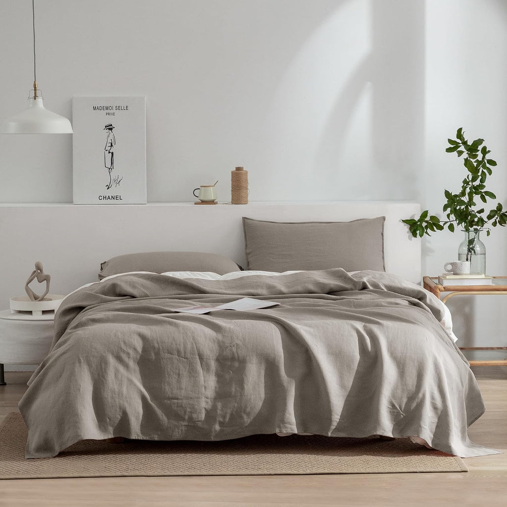 EVERLY Linen Queen Size Sheets Set,100% French Washed Pure Linen Bed Deep Pocket Sheets,4Pieces(1Flat Sheet,1Fitted Sheet,2Pillowcases) Suitable for Hot Sleepers,180GSM Natural Linen Bedding Set