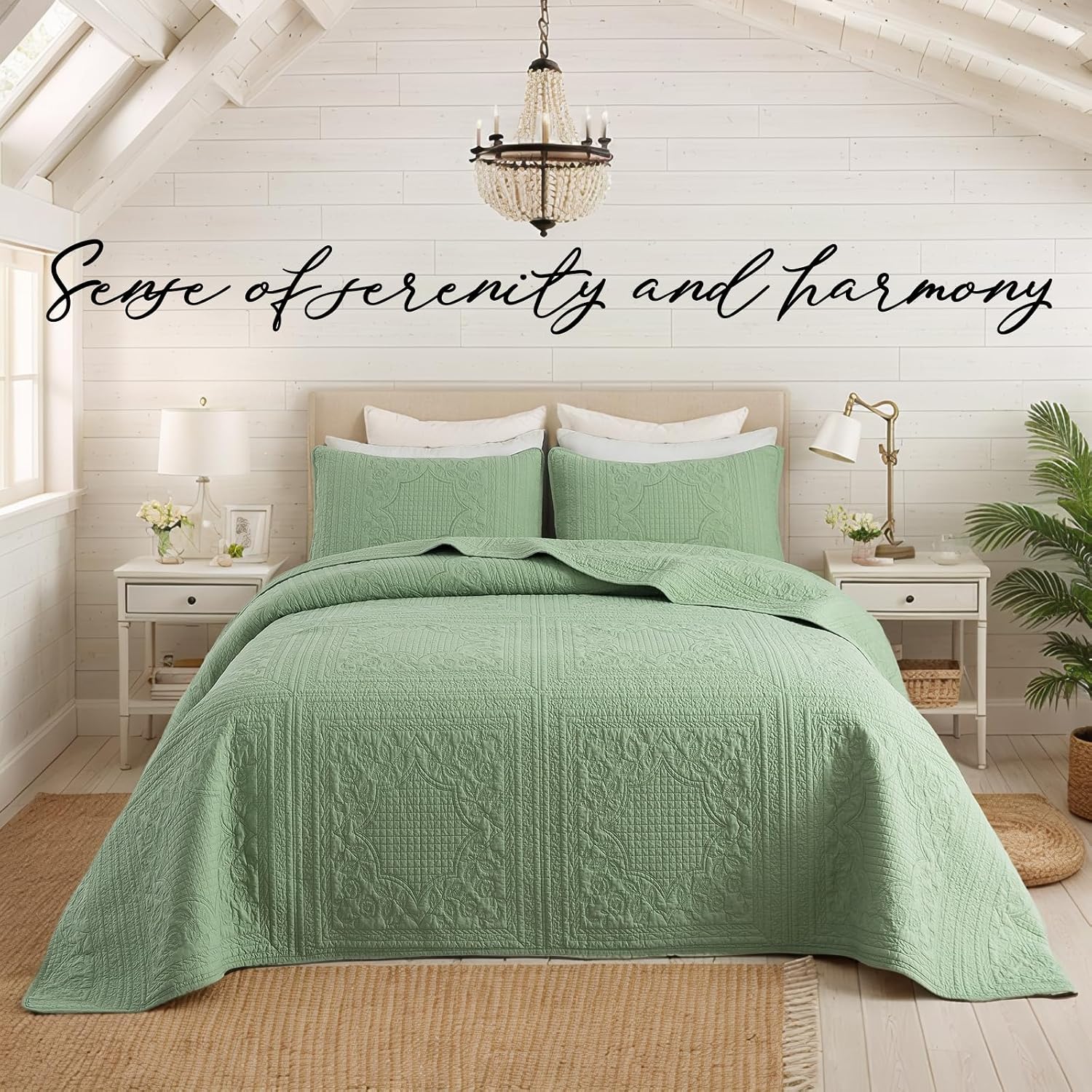Brandream Queen Size Quilt Set Cotton Sage Green Quilts Cottage Core Bedding Matelasse Coverlet Set 3-Piece