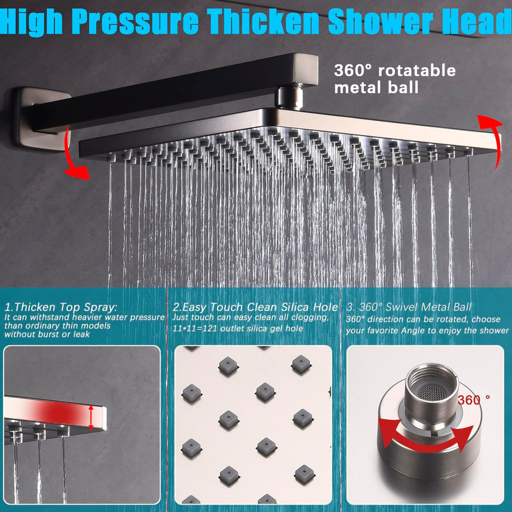 Shower System with Tub Spout 10 Inch Overhead Shower 4 Setting Handheld Spray Rough In Pressure Balance Valve Body with Trim Kit Wall Mounted Rainfall Bathtub Shower Faucet Set (Brushed Nickel)