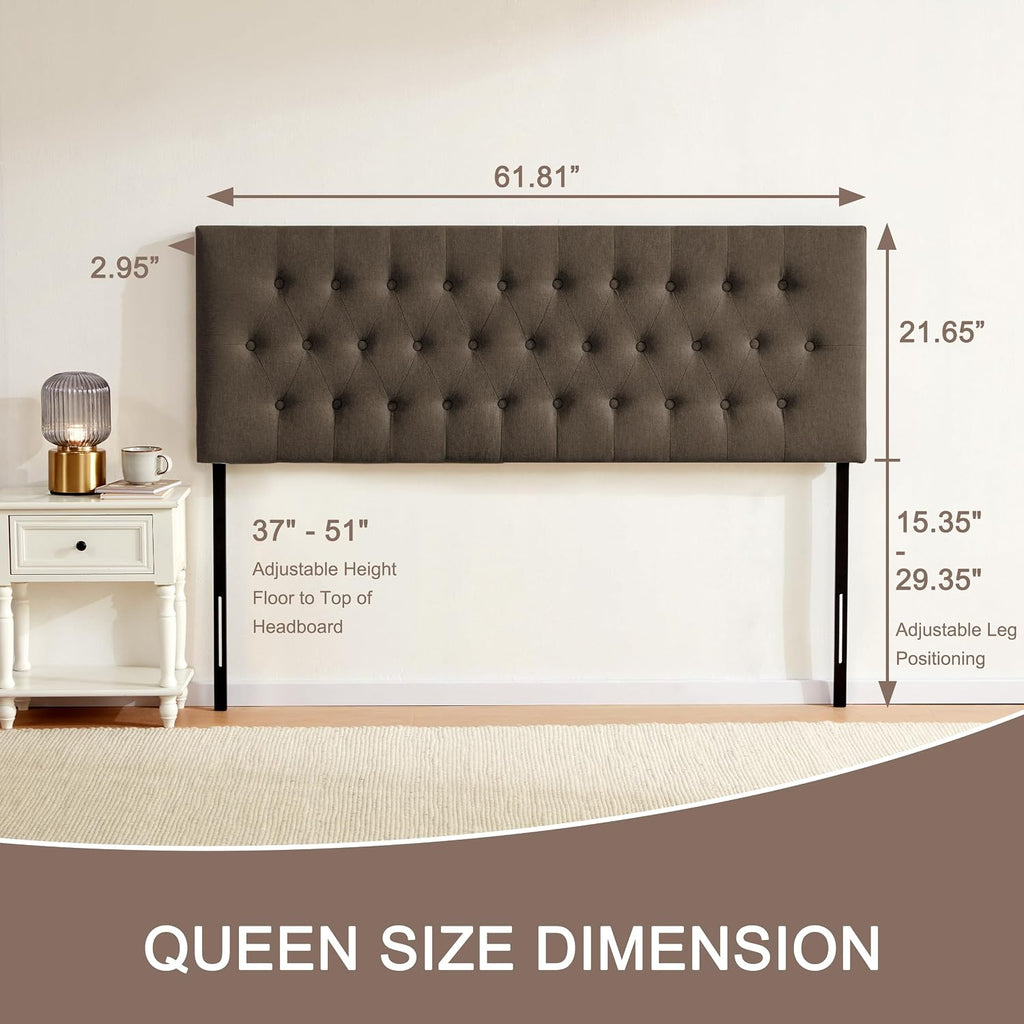 Huatean Home Tufted Upholstered Headboard Queen Size, Solid Wood Head Board with Durable Metal Legs, Adjustable Height Bed headboard from 37' to 51' Fabric Headboard in Button Design, Chocolate