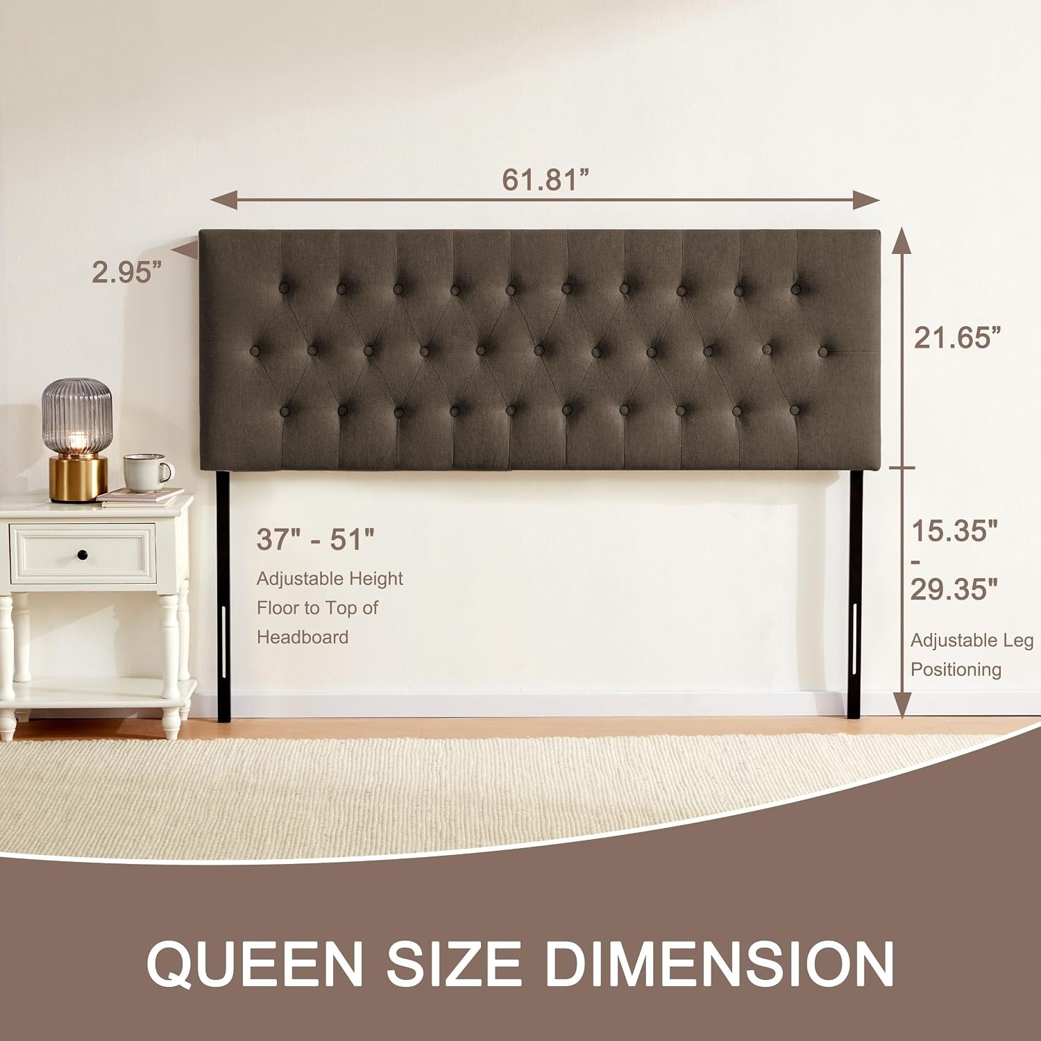 Huatean Home Tufted Upholstered Headboard Queen Size, Solid Wood Head Board with Durable Metal Legs, Adjustable Height Bed headboard from 37' to 51' Fabric Headboard in Button Design, Chocolate
