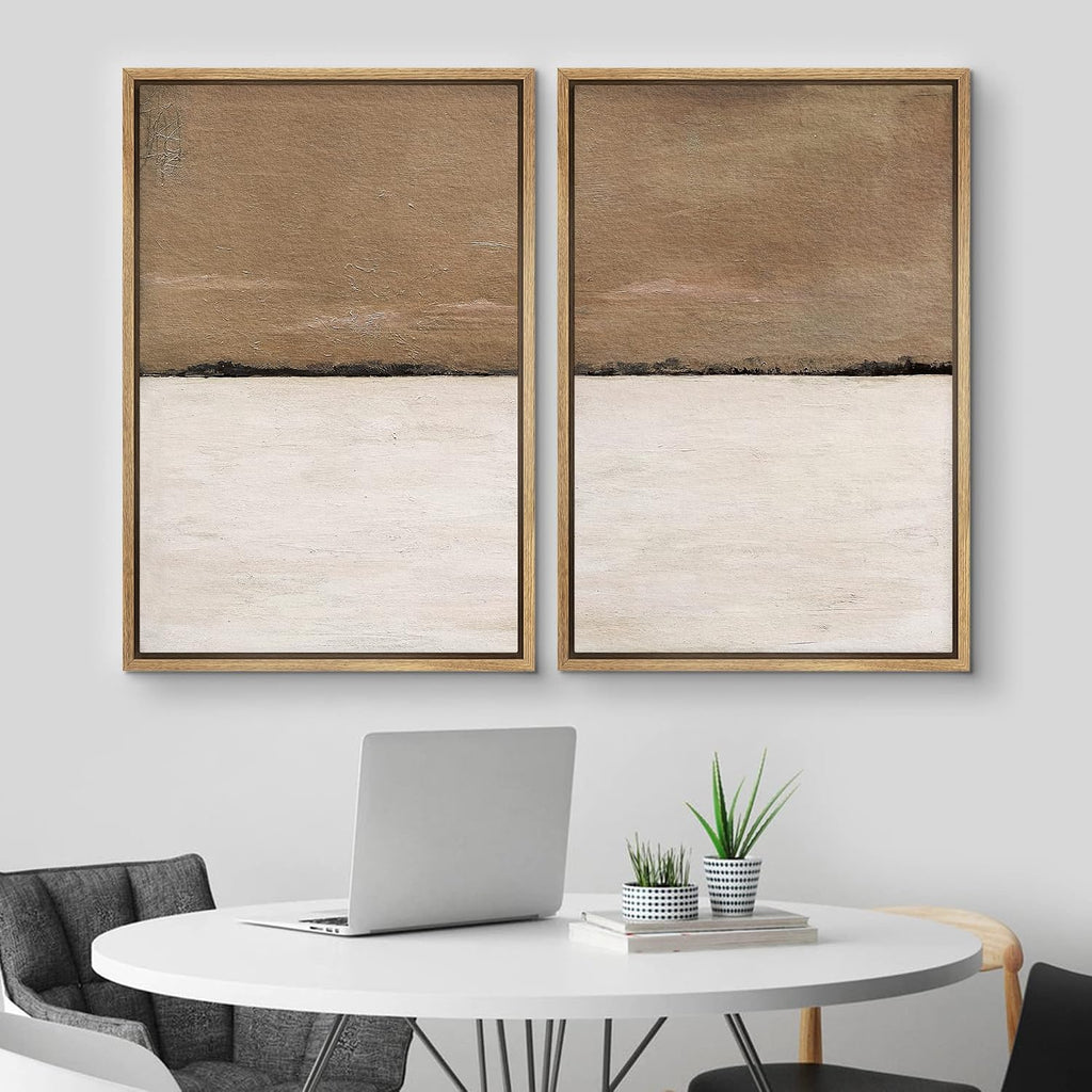 MUDECOR Framed Canvas Print Wall Art Set Brown Tan Pastel Landscape Abstract Shapes Illustrations Modern Art Decorative Bohemian Calm/Zen for Living Room, Bedroom, Office - 24'x36'x2 Natural