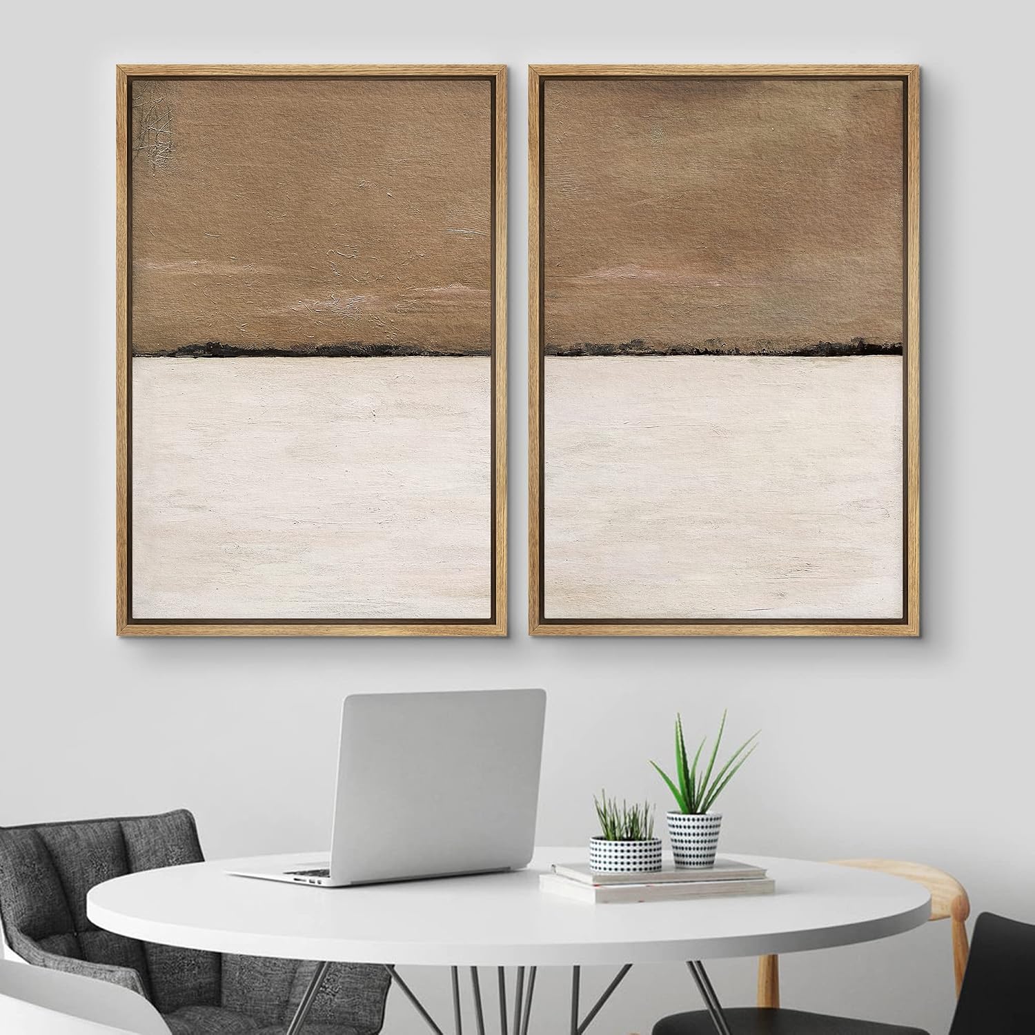 MUDECOR Framed Canvas Print Wall Art Set Brown Tan Pastel Landscape Abstract Shapes Illustrations Modern Art Decorative Bohemian Calm/Zen for Living Room, Bedroom, Office - 24'x36'x2 Natural