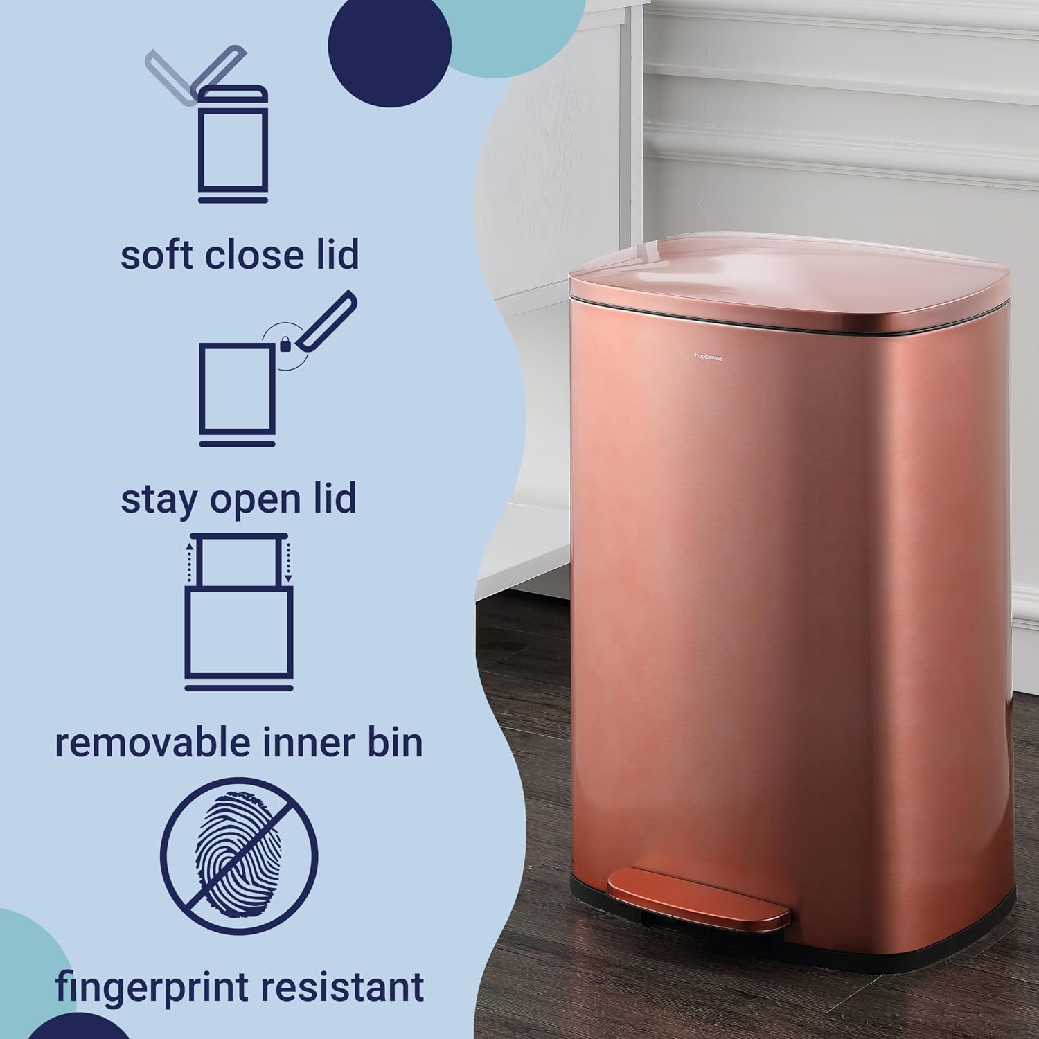 happimess HPM1006D Connor Rectangular 13-Gallon Trash Can with Soft-Close Lid and Free Mini Trash Can, Fingerprint Resistant, Modern, Minimalistic for Home, Kitchen, Office, Bathroom, Rose Gold
