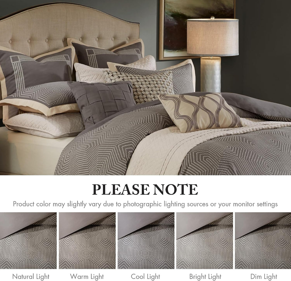 Madison Park Signature Cozy Comforter Set - All Season Bedding Combo Filled Insert and Removable Duvet Cover, Shams, Decorative Pillows, Queen (92 in x 96 in), Geometric Grey 9 Piece