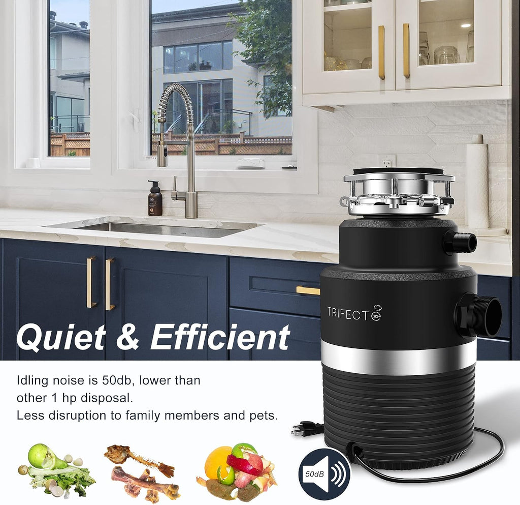 Trifecte Series 1 HP Continuous Feed Garbage Disposal with Sound Reduction, Power Cord, Stainless steel Flange,Splash Guard, Wrench Included, Black
