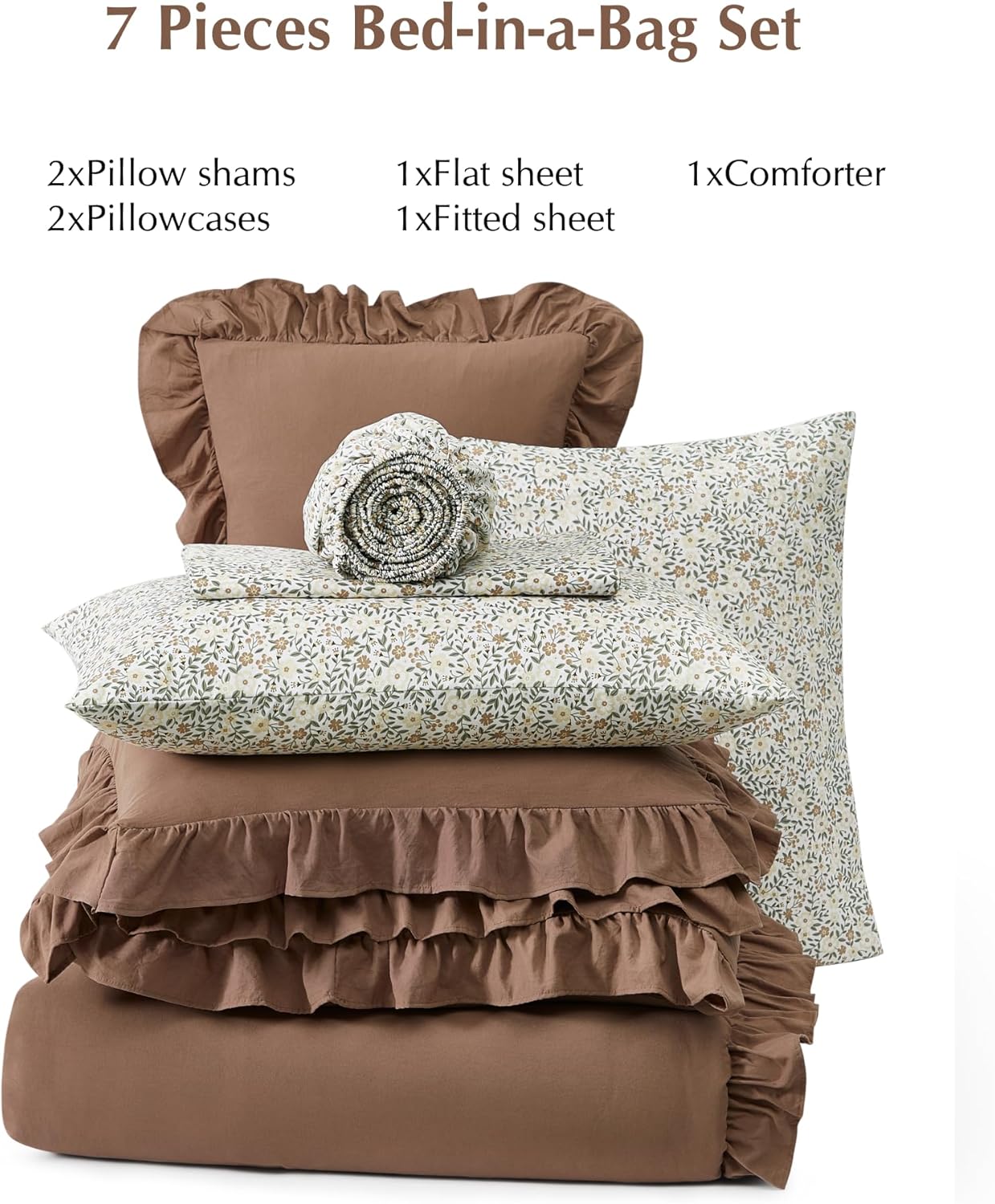 BLOOMHAVEN Oversized King Comforter Set - 7 Pieces Ruffle Amber Brown Bedding Sets, Shabby Chic Farmhouse Bed in a Bag with Ruffle Comforter, Floral Sheets, Pillowcases & Shams