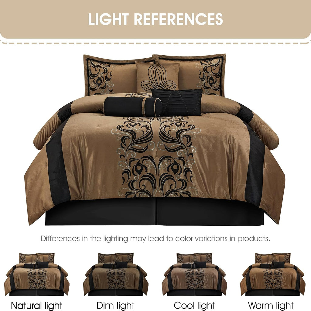 Grand Avenue Brown Floacking & Taffeta Comforter Set Full Size, 7 Pieces Bedding Set, All Season Cozy Comforter, Bedskirt, Pillows & Shams