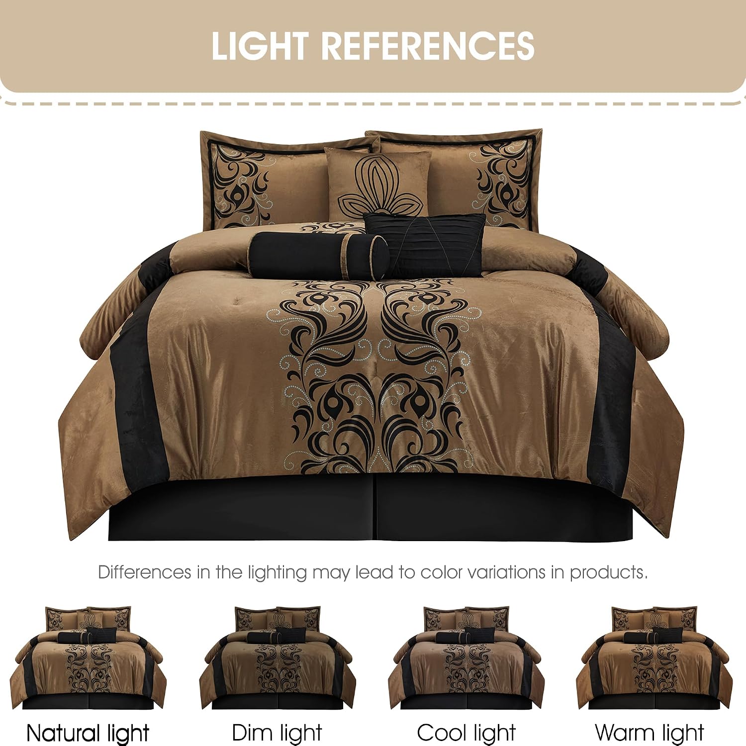 Grand Avenue Brown Floacking & Taffeta Comforter Set Full Size, 7 Pieces Bedding Set, All Season Cozy Comforter, Bedskirt, Pillows & Shams