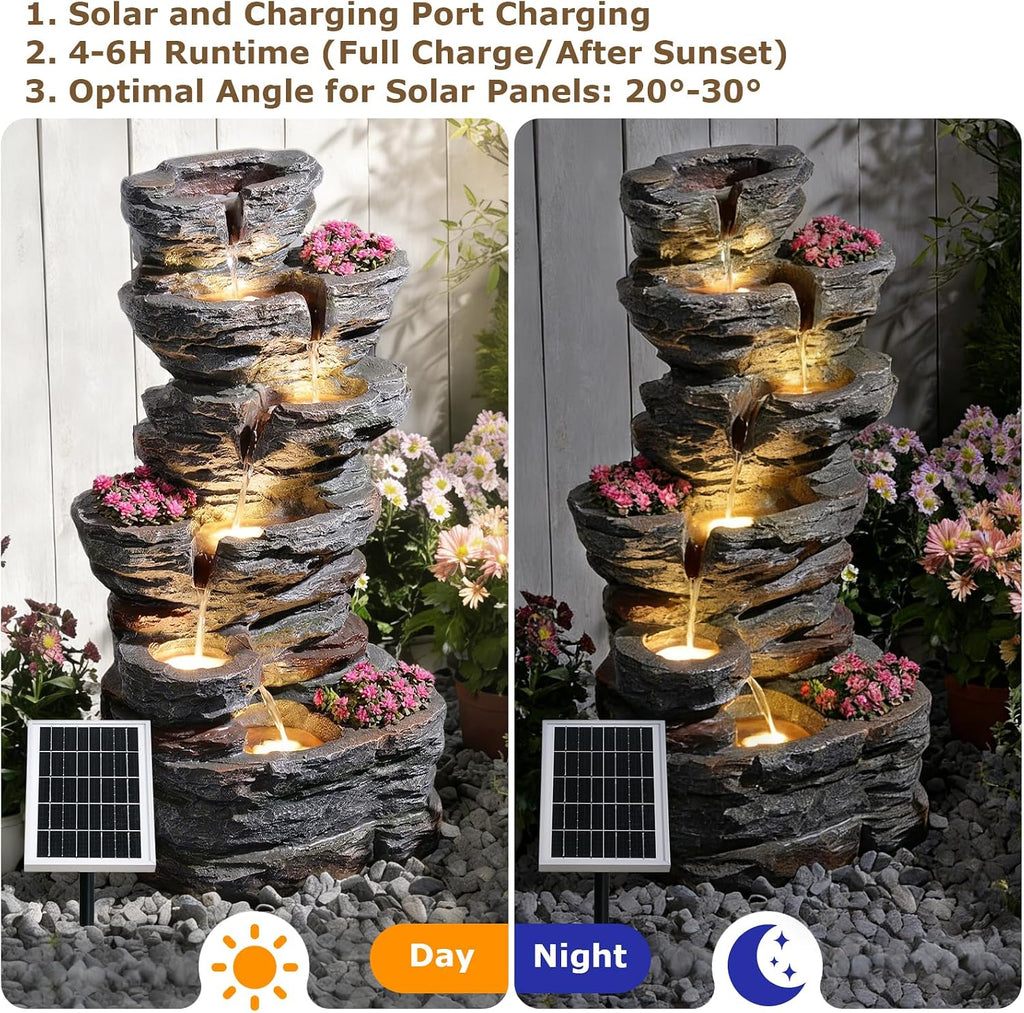 6-Tier Rock Solar Outdoor Water Fountain, 32.7' H Cascading Solar Powered Garden Waterfall Fountains with LED Lights for Patio, Balconies, Lawns, Deck, Porch, Backyard and Home Art Decor