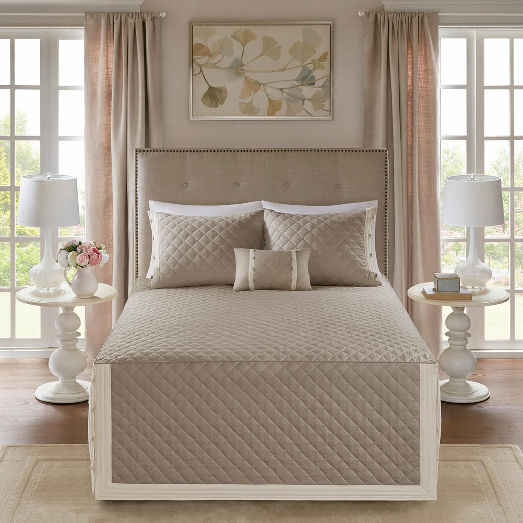 Madison Park Breanna 100% Cotton Fitted Bedspread Classic Traditional Design All Season, Lightweight, Bedding Set, Matching Shams, Queen(60' x80+24D), Diamond Quilted Khaki 4 Piece