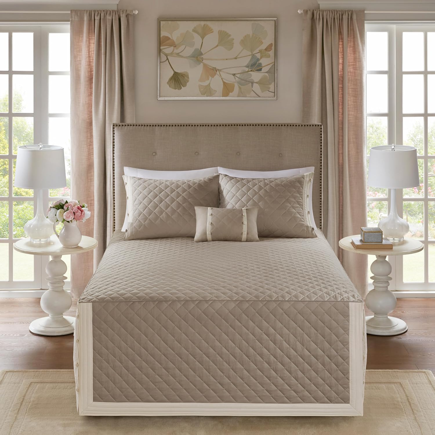 Madison Park Breanna 100% Cotton Fitted Bedspread Classic Traditional Design All Season, Lightweight, Bedding Set, Matching Shams, Queen(60' x80+24D), Diamond Quilted Khaki 4 Piece