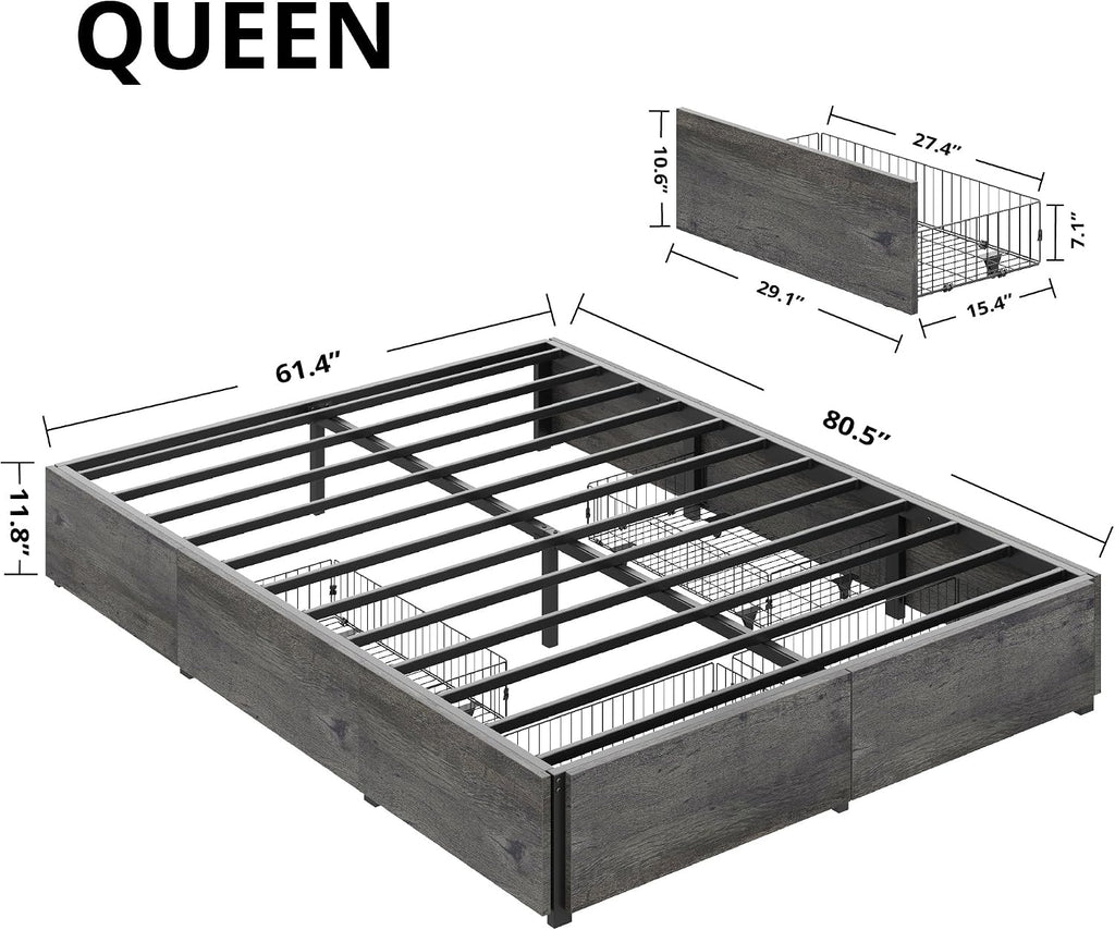 LIKIMIO Queen Bed Frame with Storage, 4 Drawers and Heavy Strong Metal Support Frames, Solid Stable, Noise-Free, No Box Spring Needed, Easy Assembly, Charcoal Grey