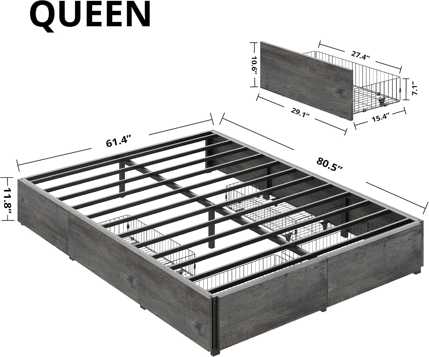 LIKIMIO Queen Bed Frame with Storage, 4 Drawers and Heavy Strong Metal Support Frames, Solid Stable, Noise-Free, No Box Spring Needed, Easy Assembly, Charcoal Grey