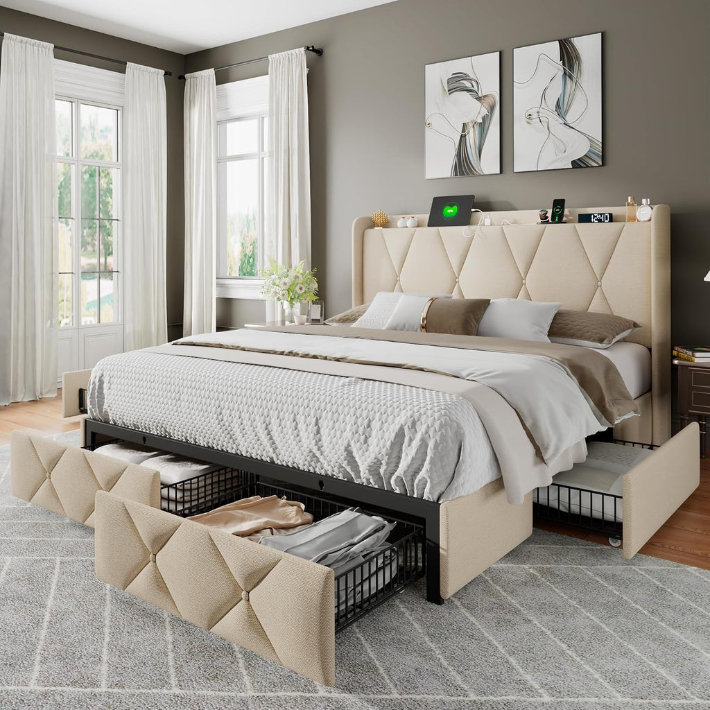 Feonase Queen Bed Frame with 4 Storage Drawers, Upholstered Button Tufted 4' Storage Headboard with Fast Charging Station, Heavy Duty Slats Support, No Box Spring Needed, Noise-Free, Beige