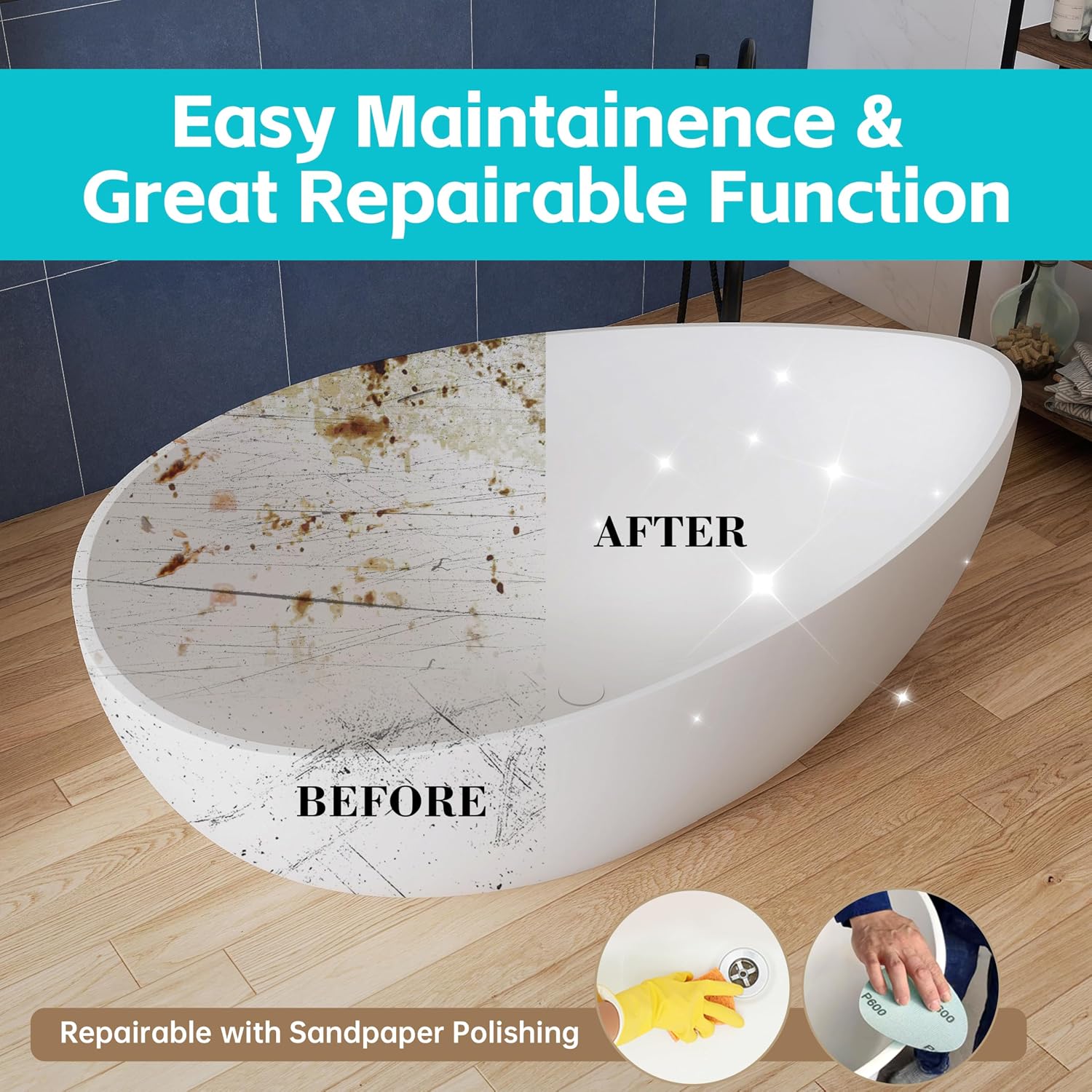 63'' Solid Surface Freestanding Bathtub Matte Soaking Bathtubs Tubs Oval Resin Stone Bathtubs with Overflow and Pop-up Drain - White Free Standing Tub