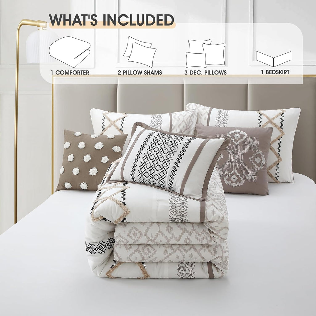 LANCO MODERN LIFESTYLE Taupe Queen Comforter Set, 7 Pieces All Season Bedding Sets in a Bag with Geometric Terry Embroidered Comforter, Bed Skirt, Pillow Shams and Decorative Pillows