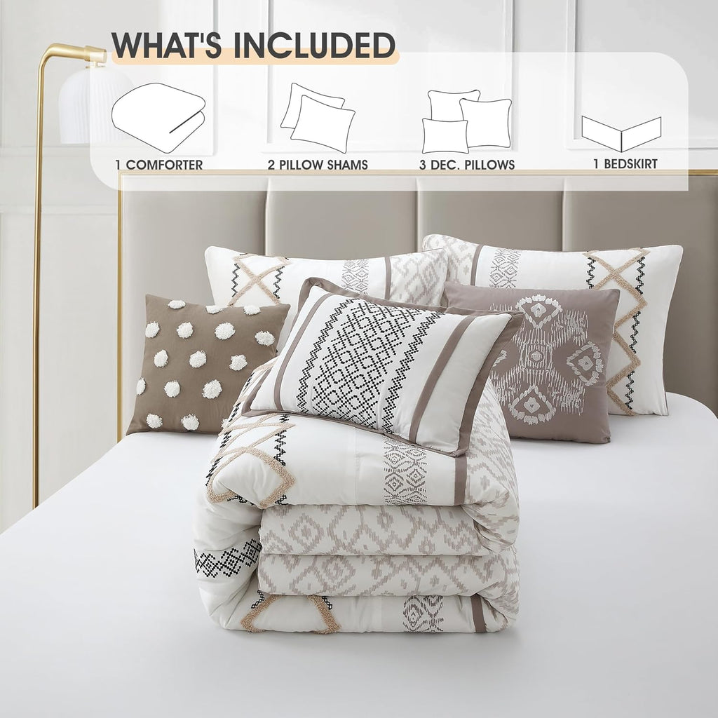 LANCO MODERN LIFESTYLE Taupe California King Comforter Set, 7 Pieces All Season Bedding Sets in a Bag with Geometric Terry Embroidered Comforter, Bed Skirt, Pillow Shams and Decorative Pillows