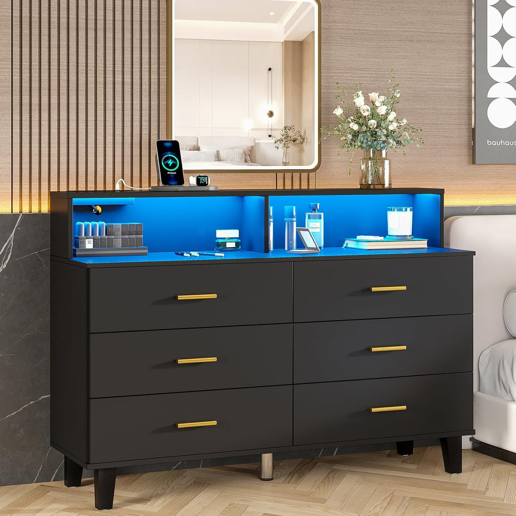 UNIQUITE 6 Drawers Dresser with LED Light and Power Outlet, Wood Black Dressers for Bedroom & Chests of Drawers, Large Double Dressers for Bedroom, Entryway, Hallway