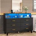 UNIQUITE 6 Drawers Dresser with LED Light and Power Outlet, Wood Black Dressers for Bedroom & Chests of Drawers, Large Double Dressers for Bedroom, Entryway, Hallway