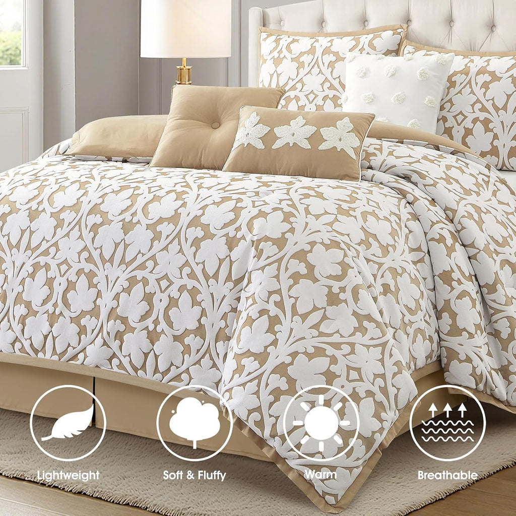 LANCO MODERN LIFESTYLE 7 Pieces Comforter Set, Queen, Khaki, Jacquard Floral Pattern and Classy Damask Medallion Design, Ultra Soft, Includes Bed Skirt, Shams, and Decorative Pillows