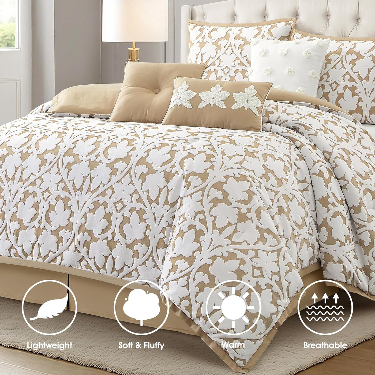 LANCO MODERN LIFESTYLE 7 Pieces Comforter Set, Queen, Khaki, Jacquard Floral Pattern and Classy Damask Medallion Design, Ultra Soft, Includes Bed Skirt, Shams, and Decorative Pillows
